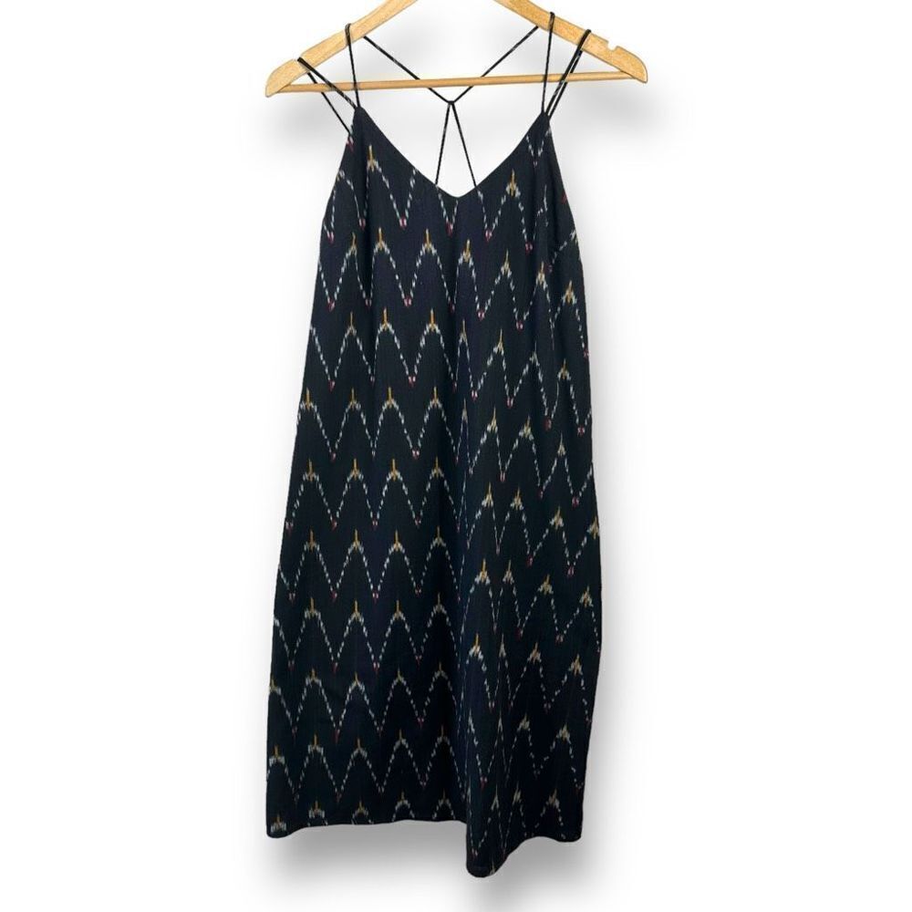 Loft Women's Size 10 Tall Strappy Trapeze Dress Black Southwestern Zig Zag Print